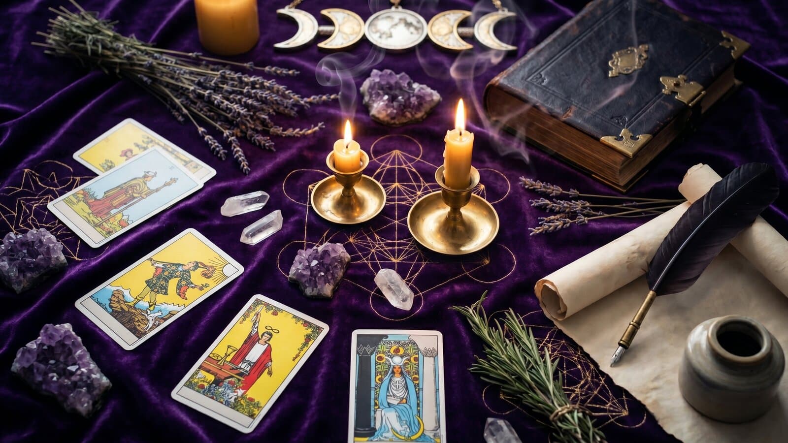 Перо и чернильница на пергаменте среди карт Таро — как задать правильный вопрос