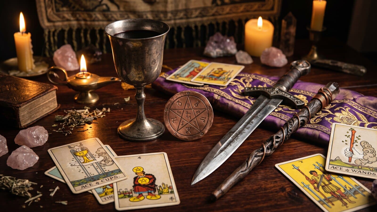 Младшие Арканы Таро — 56 карт четырёх мастей на бархатной ткани при свечах