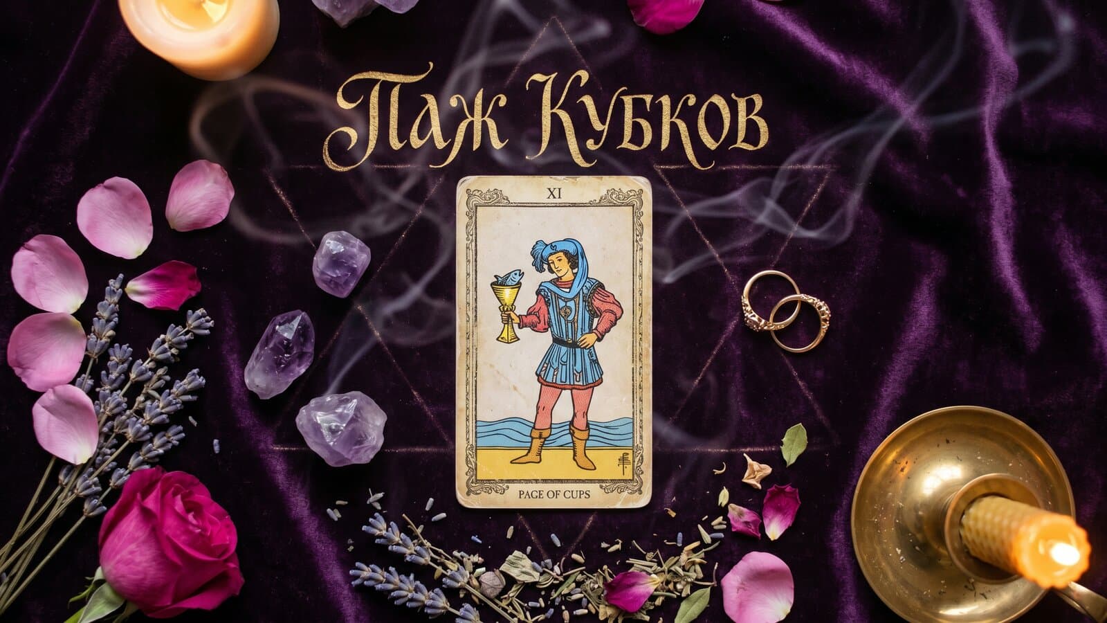 Карта таро «Паж Кубков» в стиле Райдера-Уэйта на фиолетовом бархате при свечах, рядом — лепестки роз, лаванда, аметисты и два золотых кольца