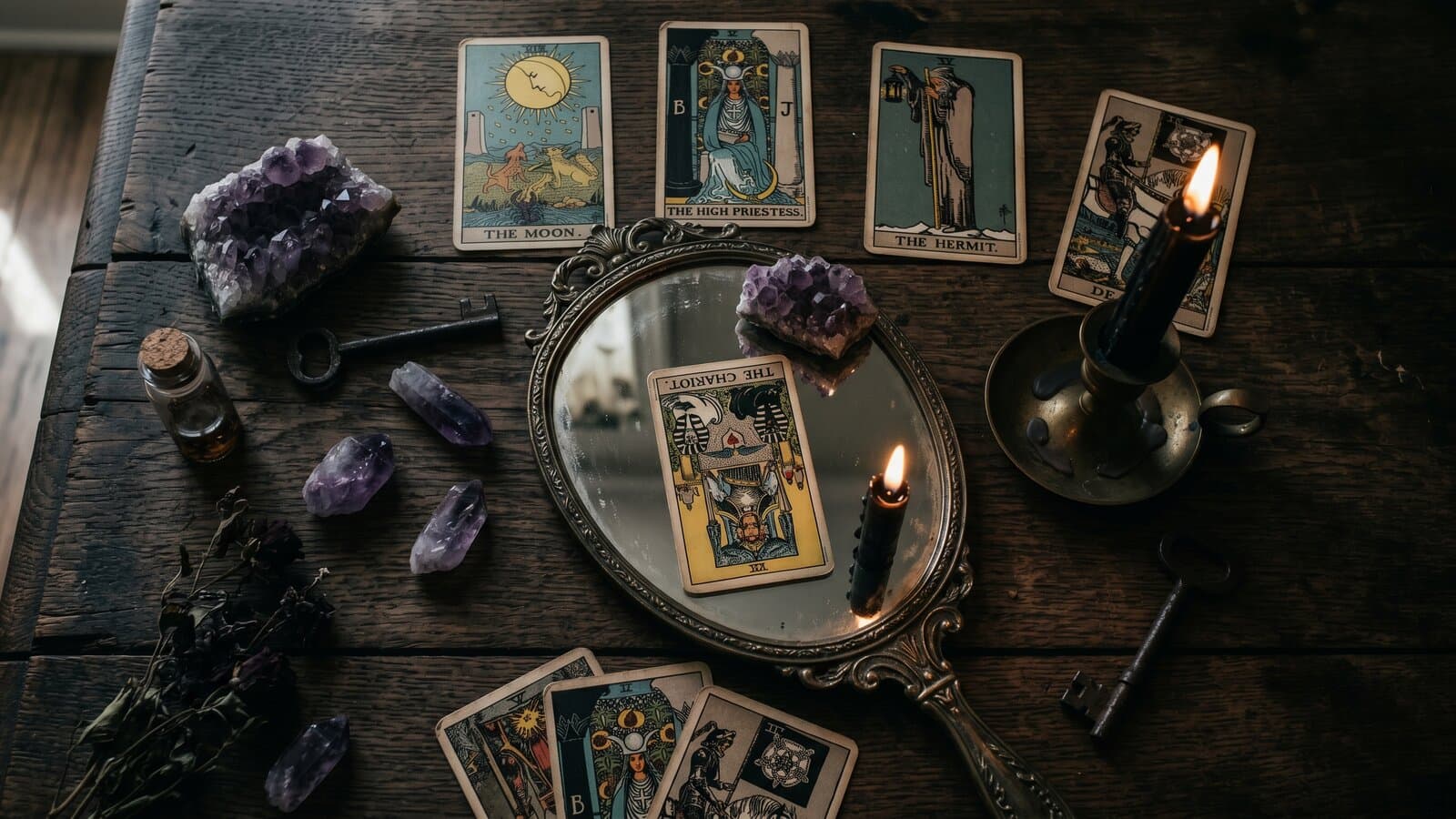 Перевёрнутые карты Таро на бархатной ткани при свечах
