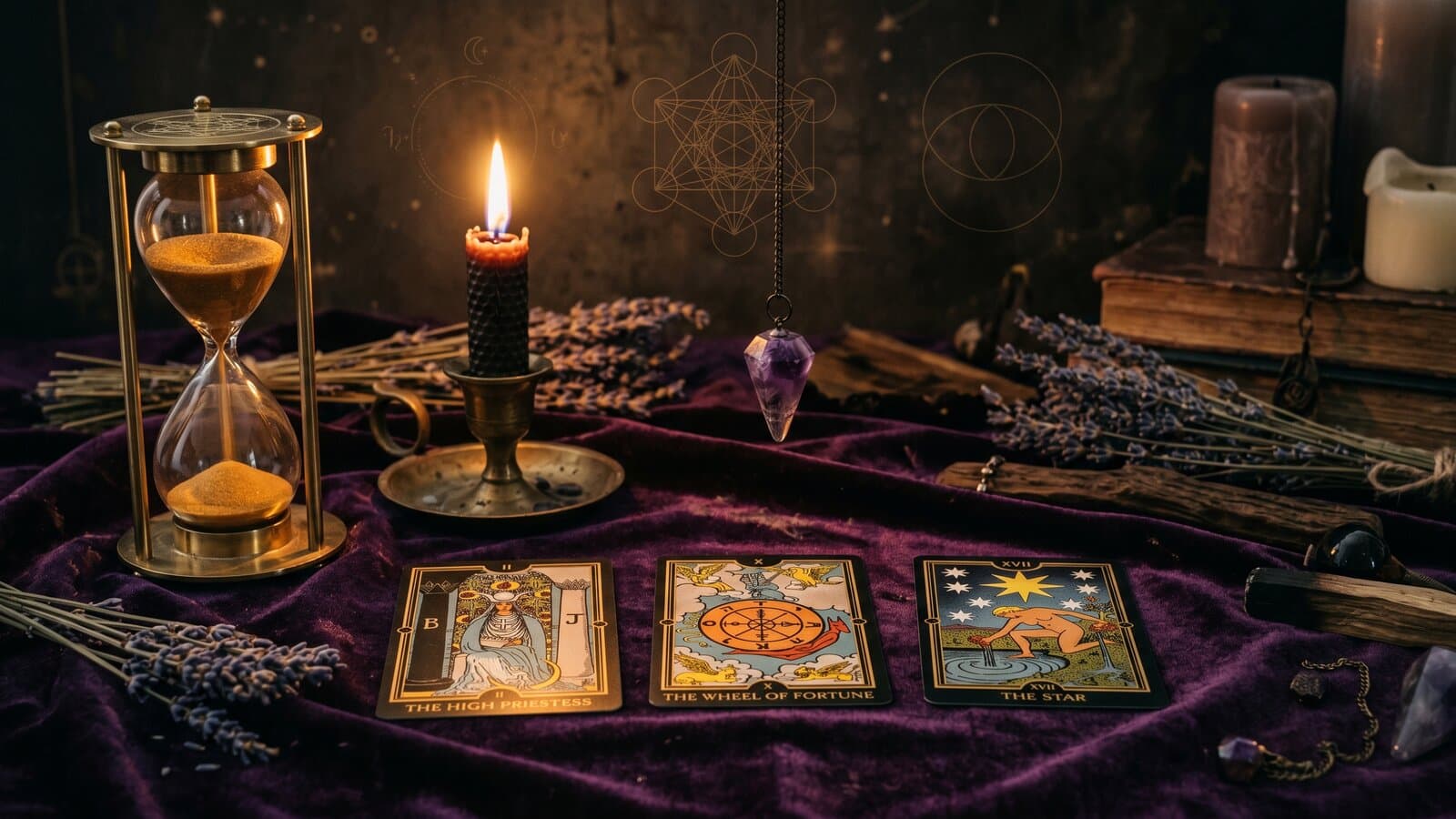Расклад Три карты Таро — три карты на бархатной ткани при свечах