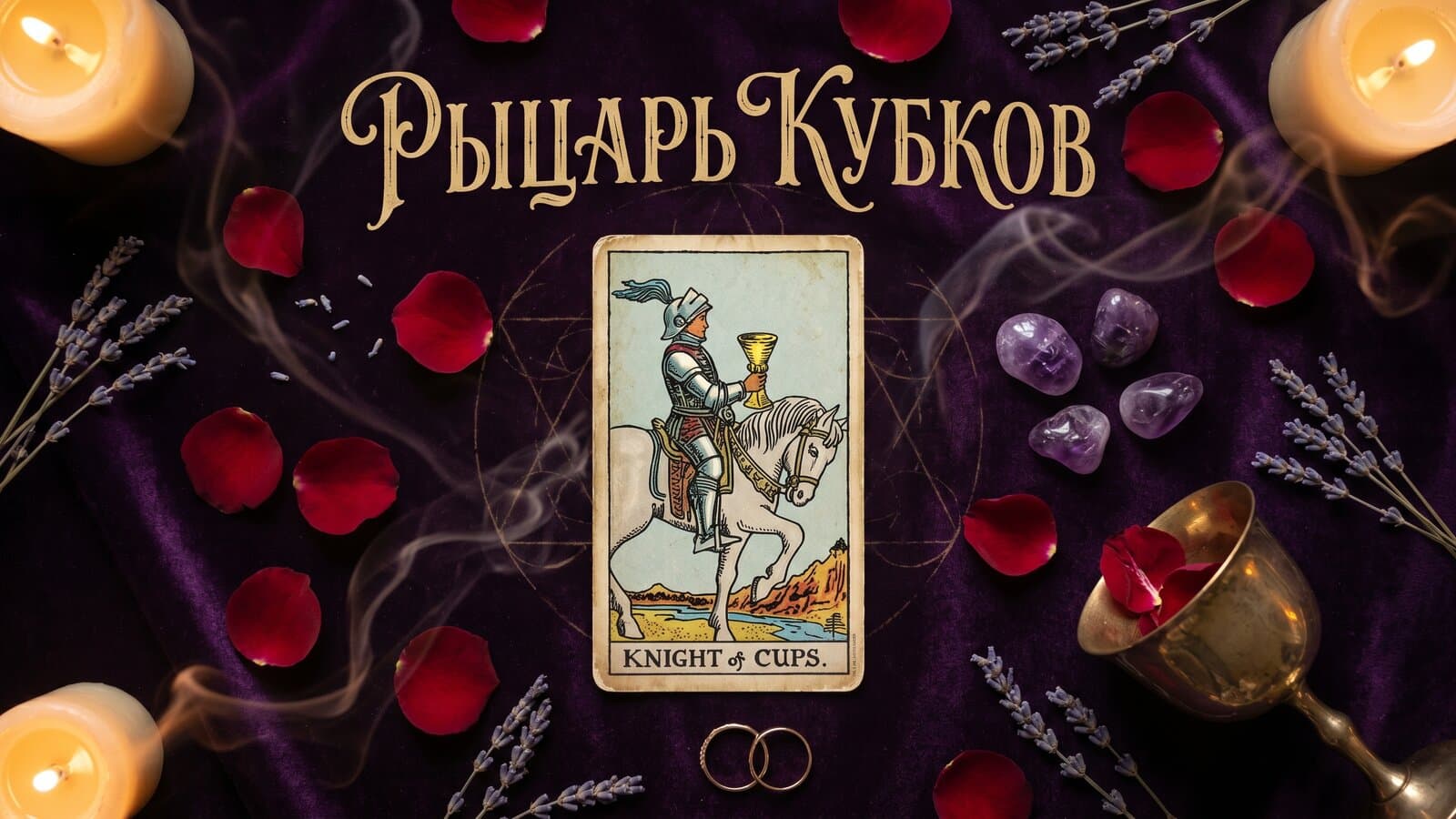 Карта таро «Рыцарь Кубков» в стиле Райдера-Уэйта на фиолетовом бархате при свечах, рядом — лепестки красных роз, лаванда, аметисты и два золотых кольца