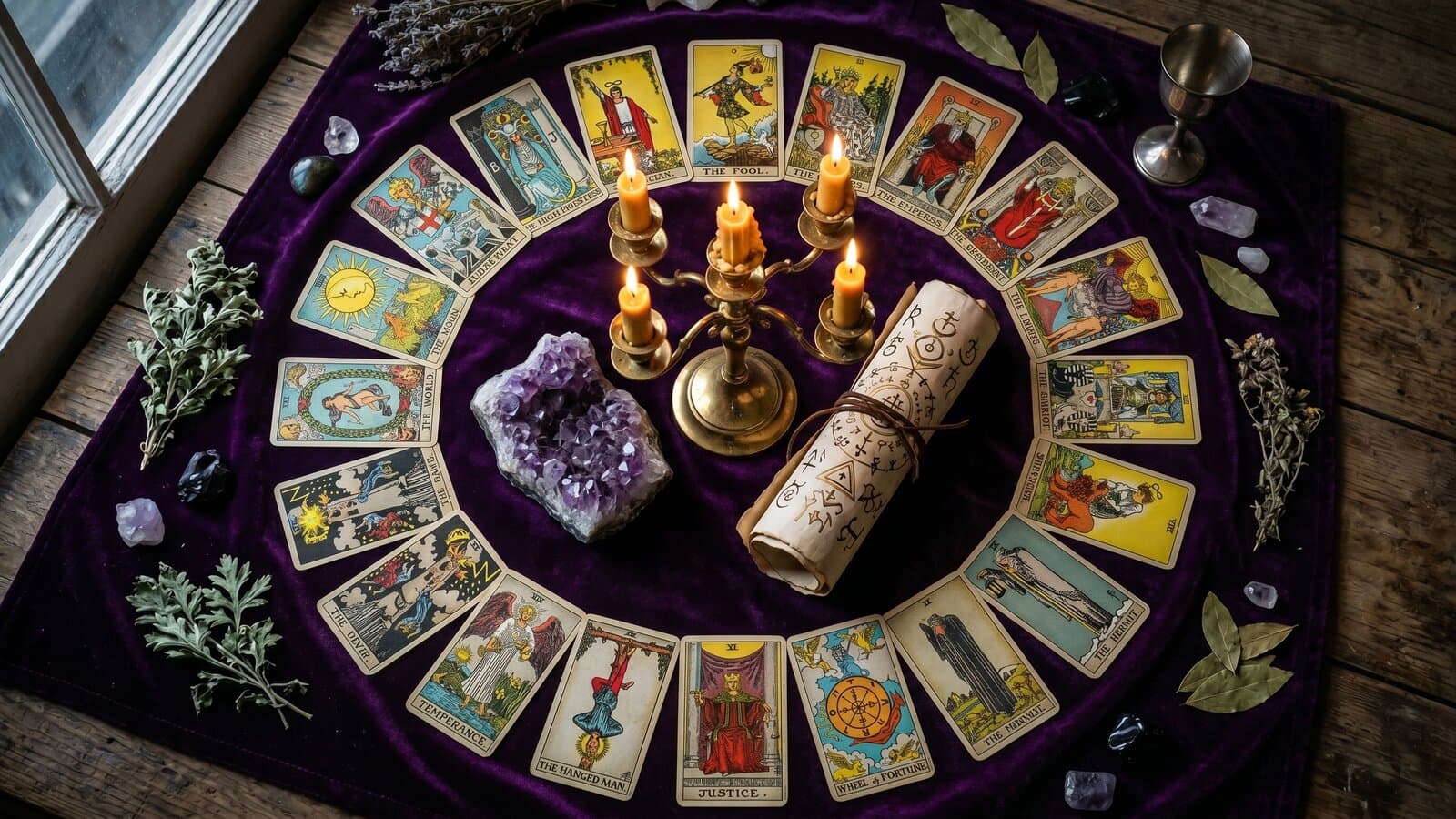 Старшие Арканы Таро — 22 карты судьбы на бархатной ткани при свечах