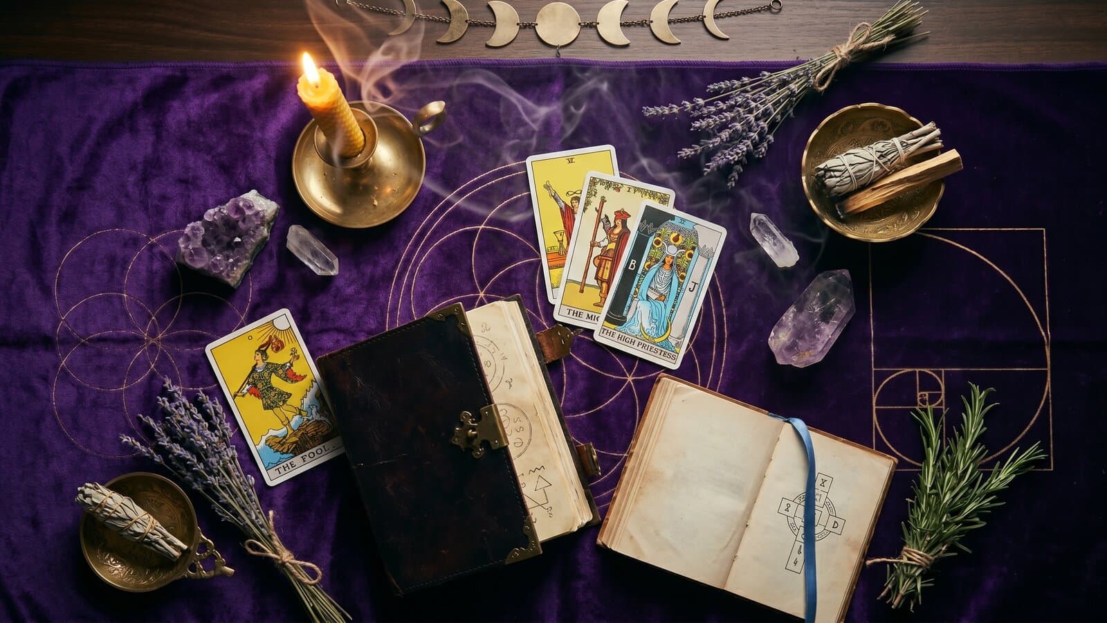 Таро для начинающих — открытая книга и карты Таро на тёмном бархате при свечах