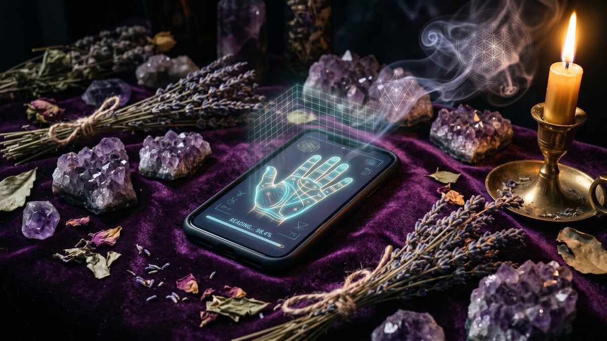 Смартфон на фиолетовом бархате показывает светящееся сканирование ладони с подсвеченными линиями — иллюстрация работы AI-хиромантии по фото